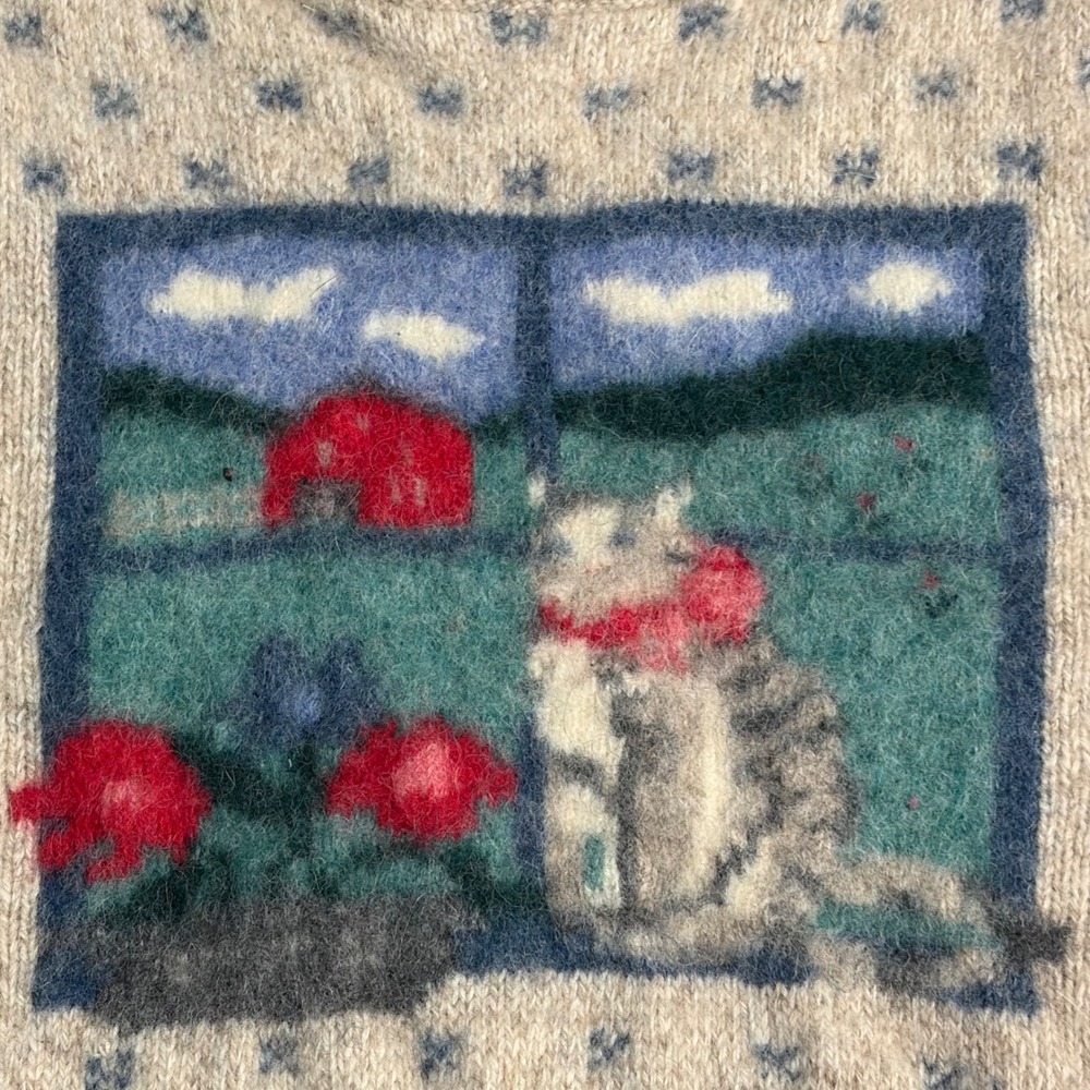 Eddie Bauer Sweater Womens Medium Oatmeal Vintage 1989 Wool Blend Cat Intarsia - Picture 2 of 12